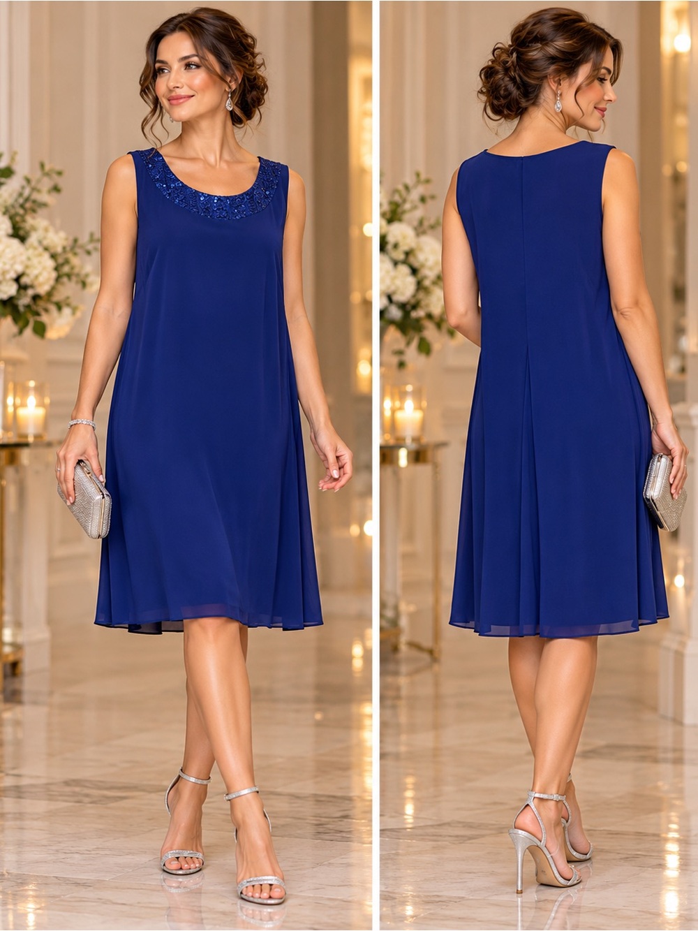 R&M Richards Royal Blue Sequin Neck Sleeveless Dress